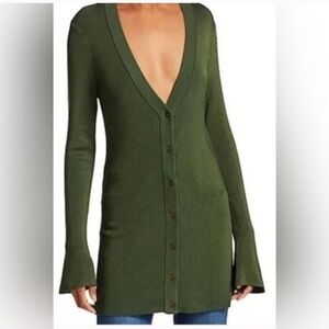 L'Agence Sz L Green Lucas Rib Knit Front Button Stretchy V Neck Long Cardigan